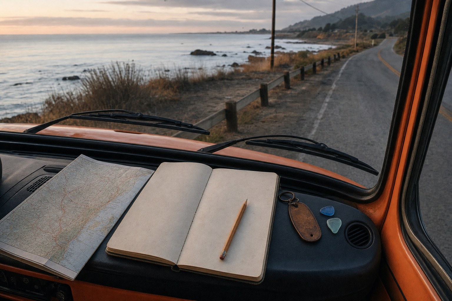 Open notebook, road map, pencil, motel key tag, and blue sea glass on the dashboard of an orange vintage camper above a coastal road