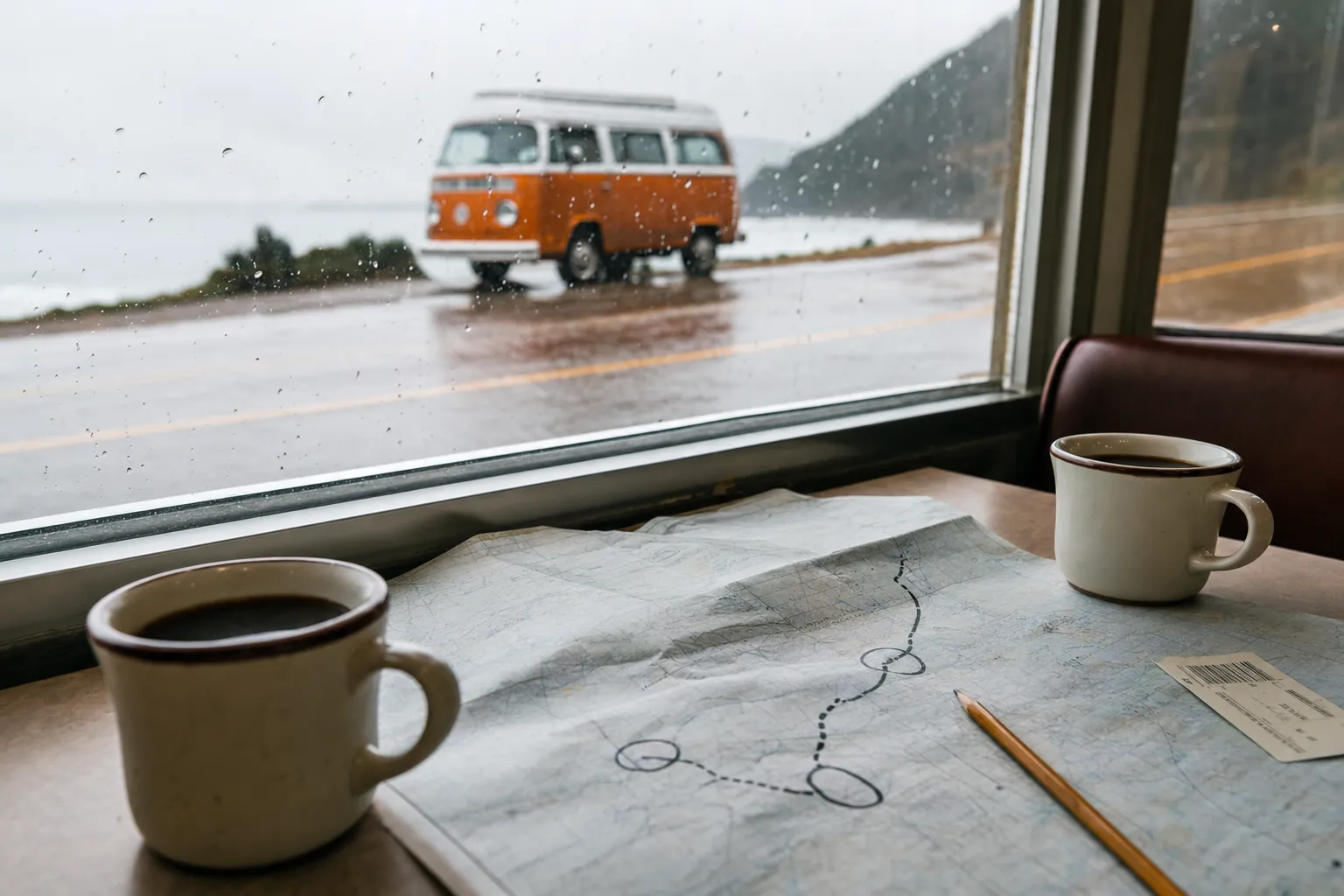 Road map and coffee cups on a diner table with an orange vintage camper outside in the rain