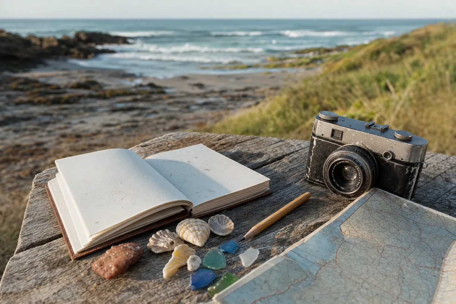 Notebook, camera, sea glass, shells, pencil, and map on a weathered table beside the coast