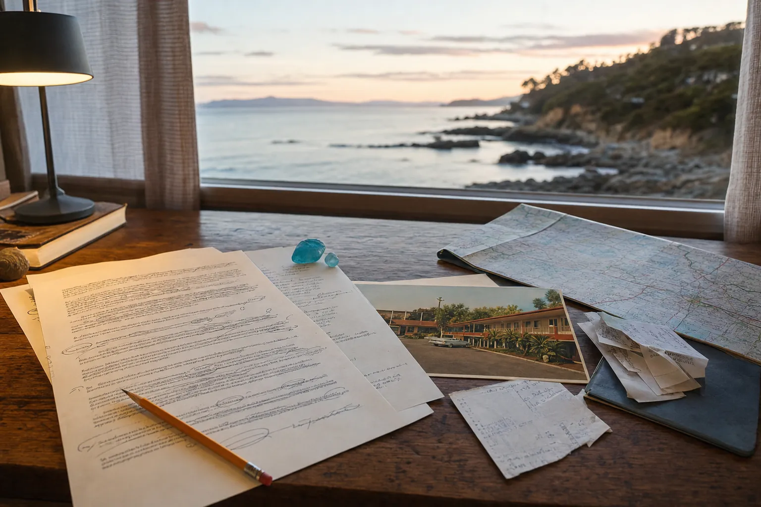 Marked-up draft pages, travel receipts, sea glass, and a road map on a desk overlooking the coast