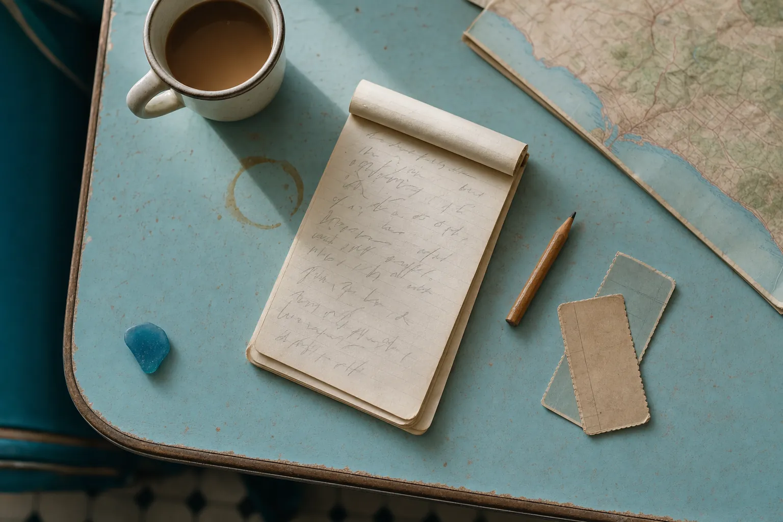 Notebook, pencil, tickets, coffee, road map, and blue sea glass on a diner table