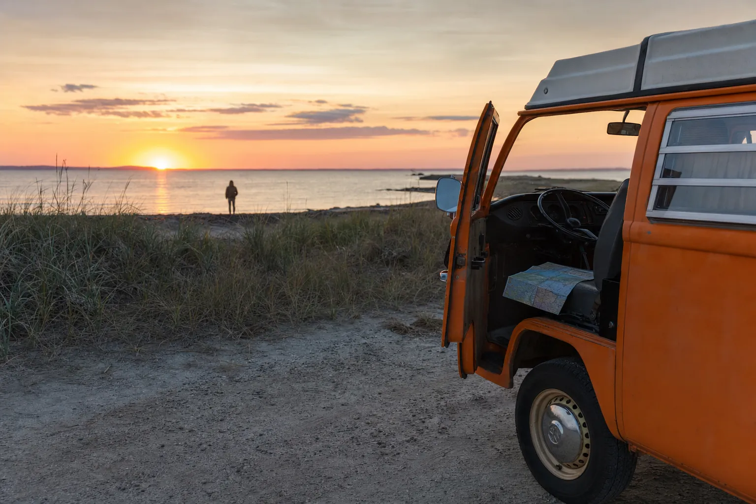 Orange vintage camper parked by a shoreline at sunrise with a traveler near the water