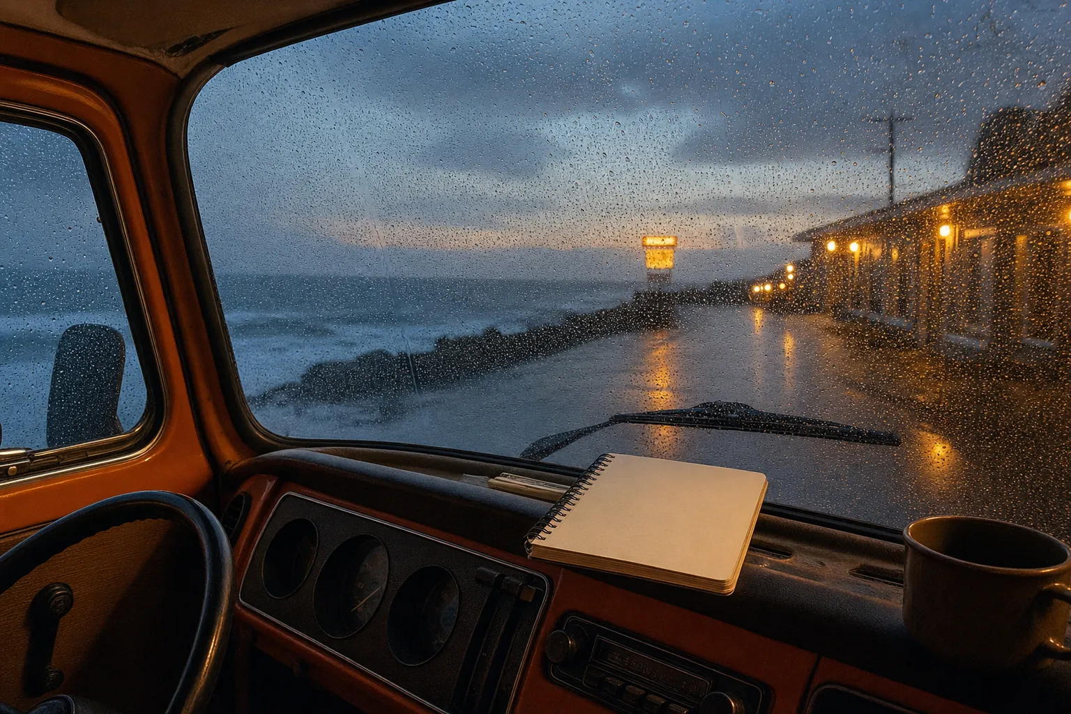 Rainy coastal motel seen through the windshield of an orange vintage camper