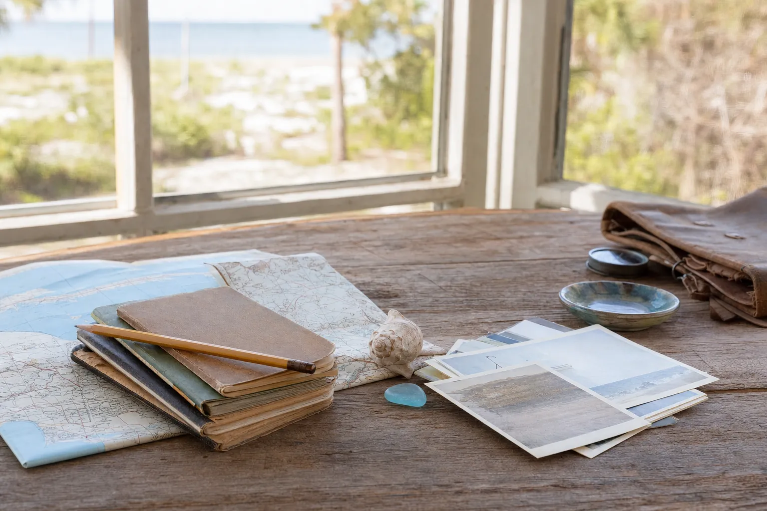 Travel notebooks, maps, postcards, and blue sea glass on a sunlit table