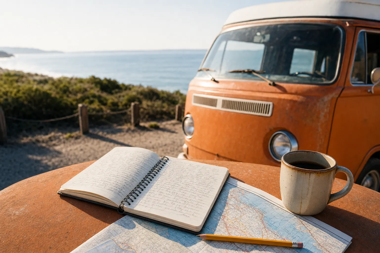 Notebook, road map, and coffee on an old orange camper van beside the coast