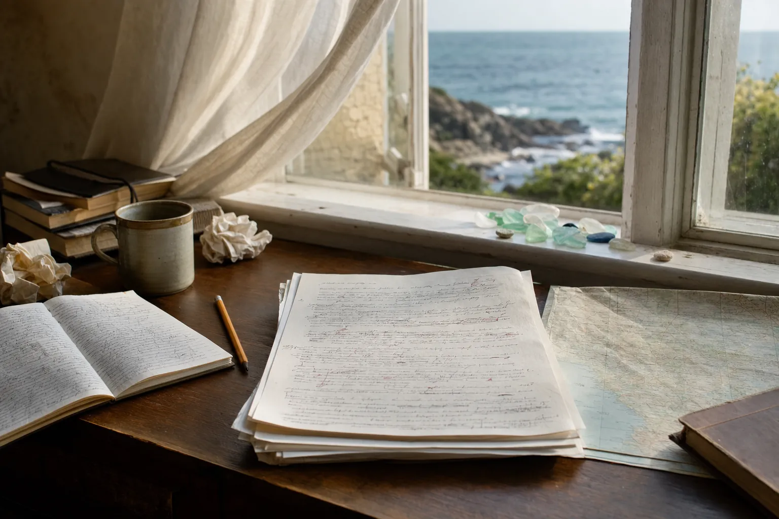 Marked-up manuscript pages, notebooks, and sea glass by a coastal window