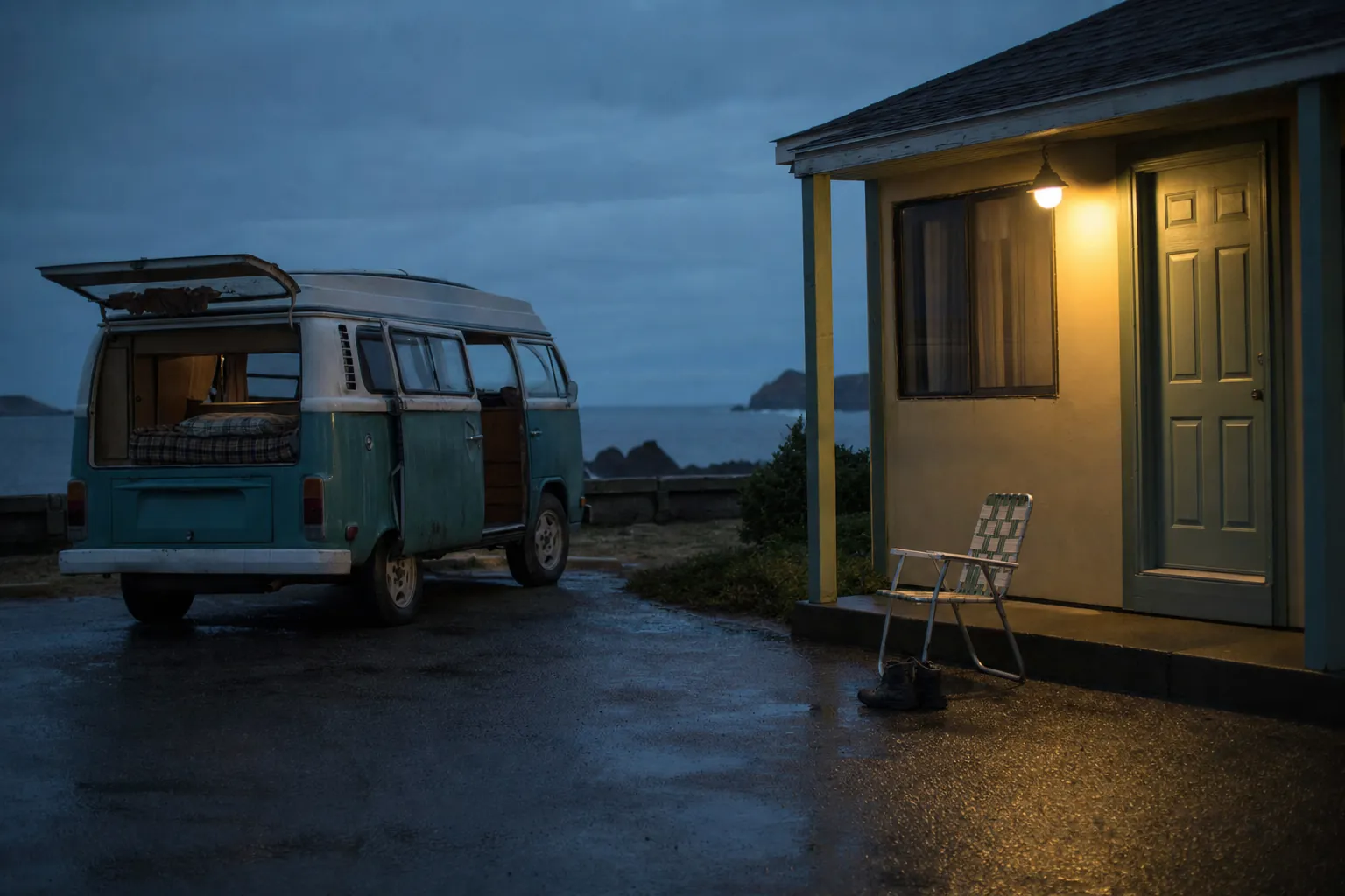 Vintage camper beside a beach motel on a rainy evening