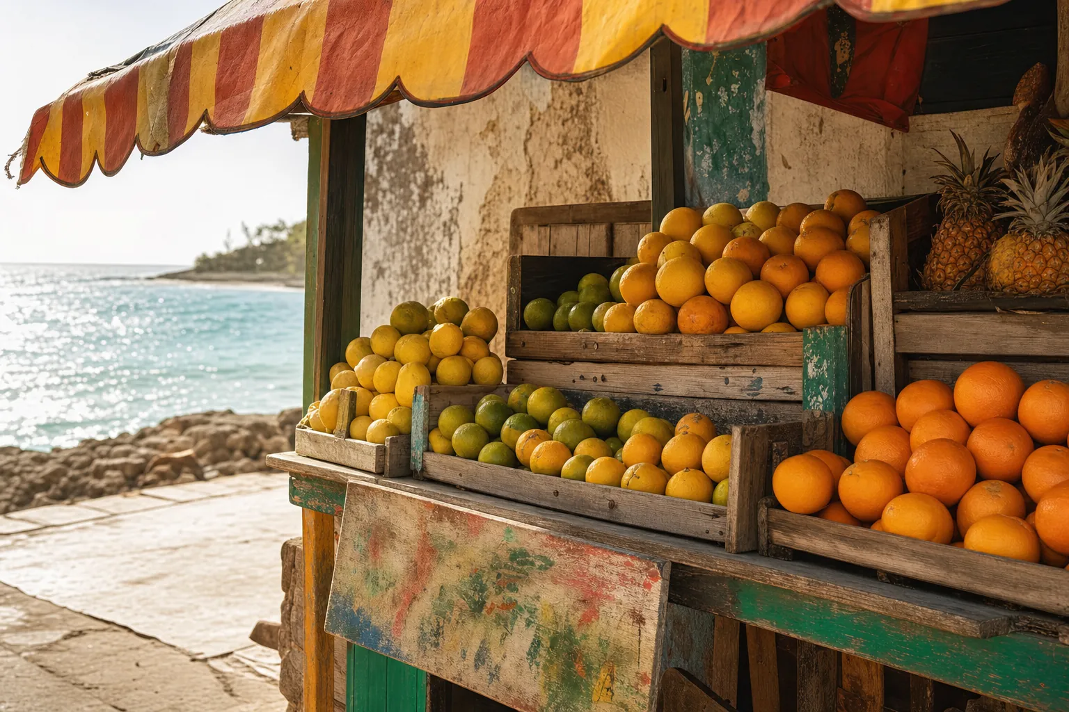 Crates of citrus at a weathered fruit stand beside the sea