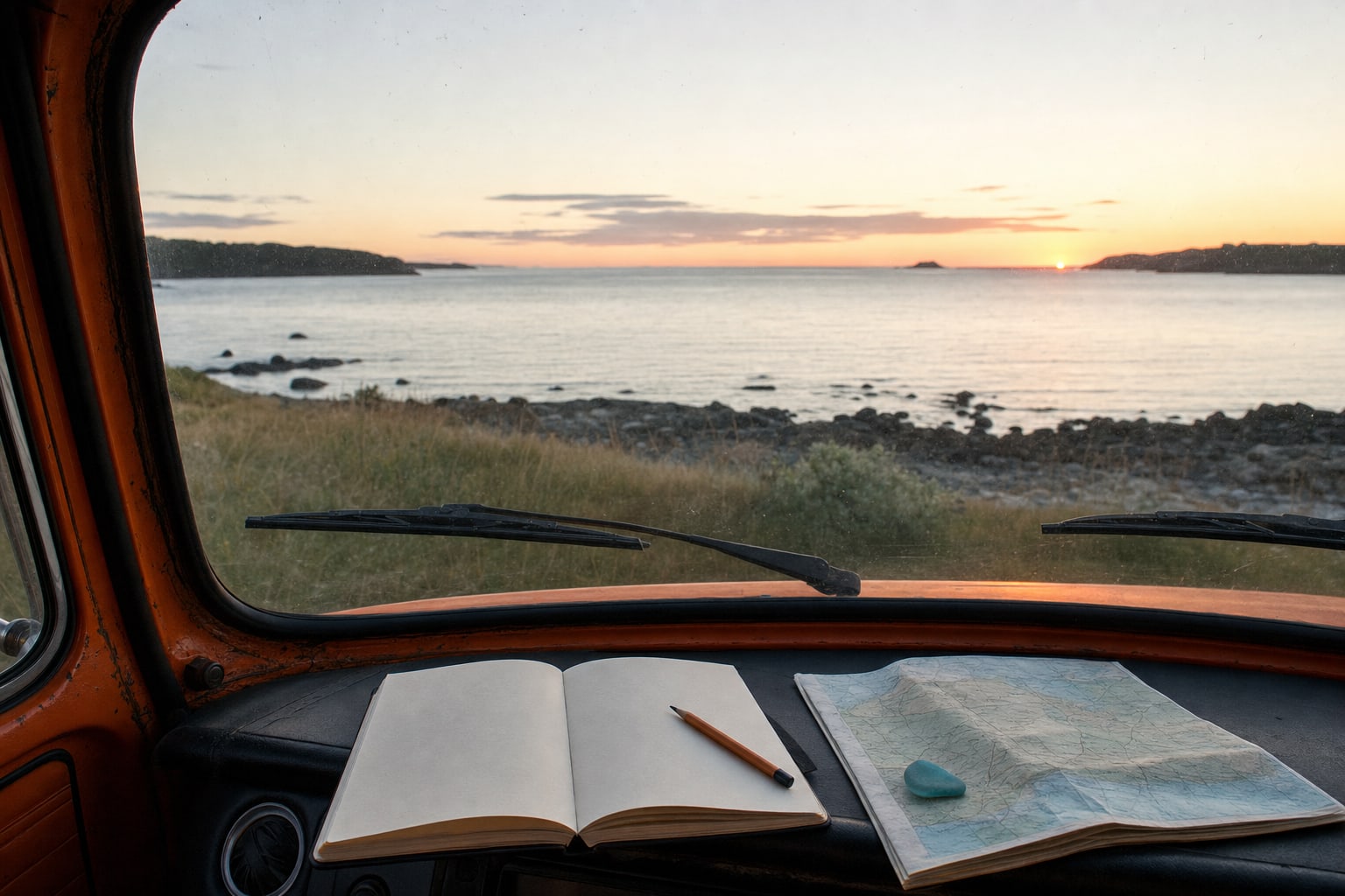 Open notebook, map, and sea glass on the dashboard of an orange vintage camper facing a sunrise shoreline