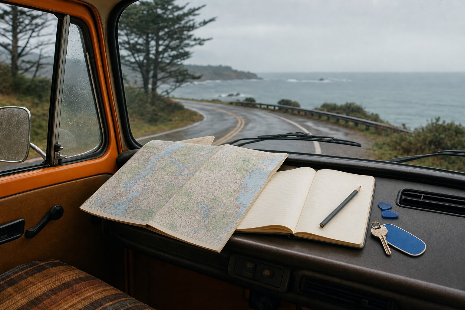 Open notebook and road map on the dashboard of an orange vintage camper overlooking a rainy coastal road
