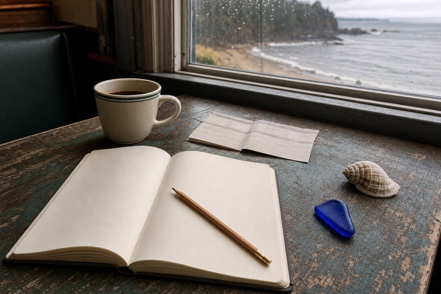 Blank notebook, pencil, coffee, shell, and blue sea glass on a diner table beside a rainy coast