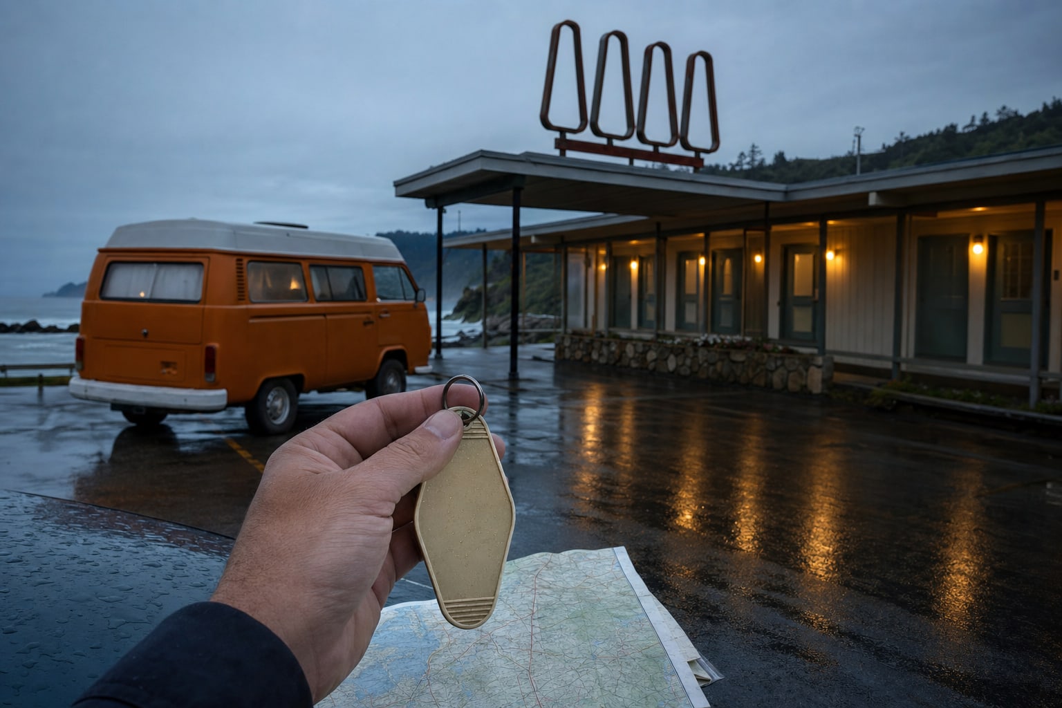 Motel key tag and road map outside a rainy coastal motel with an orange vintage camper