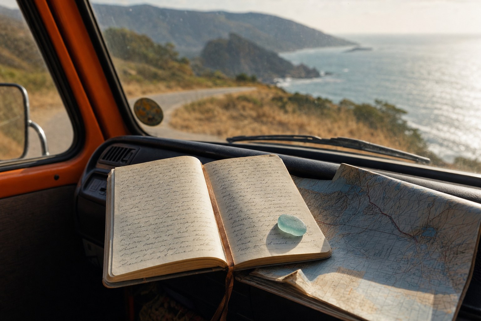 Travel notebook, road map, and blue sea glass on the dashboard of an orange vintage camper above the coast