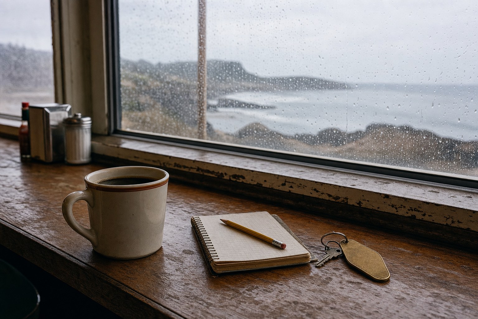 Coffee, notebook, pencil, and motel key tag on a rainy seaside diner counter