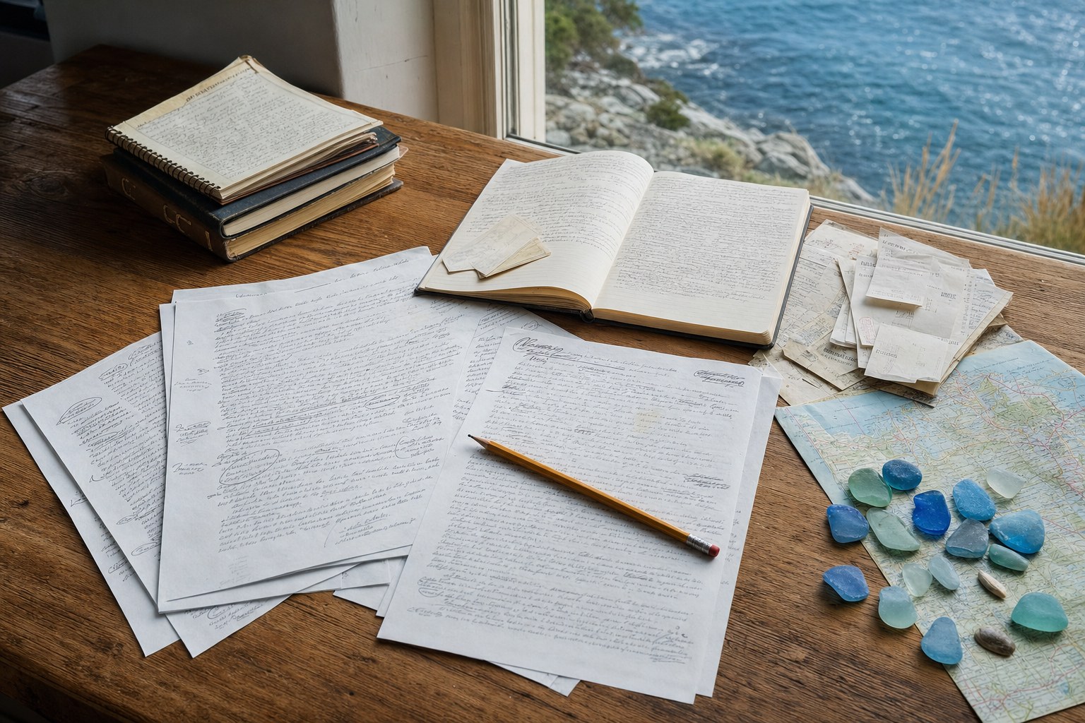 Marked-up travel pages, notebooks, receipts, road map, and blue sea glass beside the coast