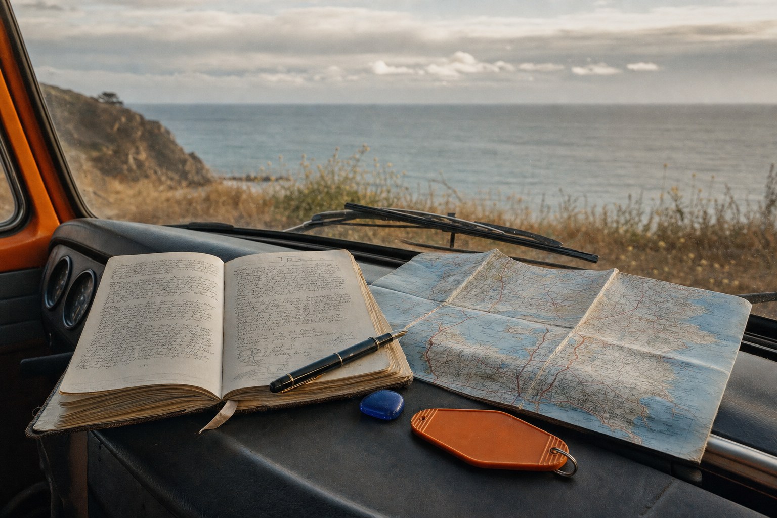 Open travel journal, road map, pen, and blue sea glass on the dashboard of a vintage camper above the coast