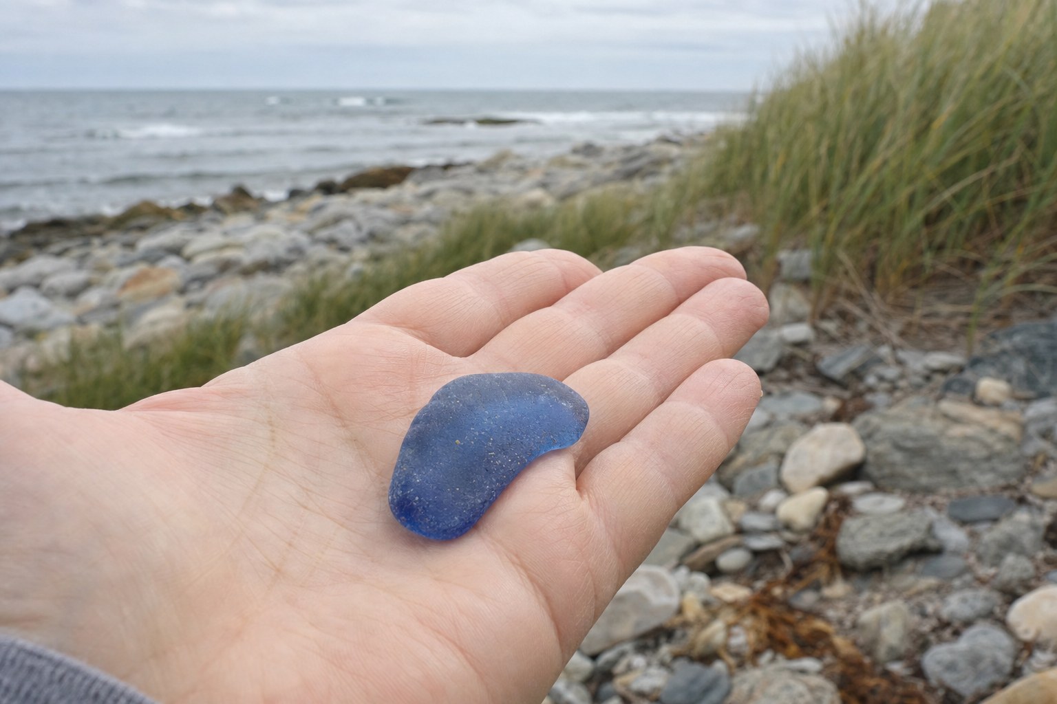 Piece of cobalt blue sea glass resting in an open hand above a rocky shoreline