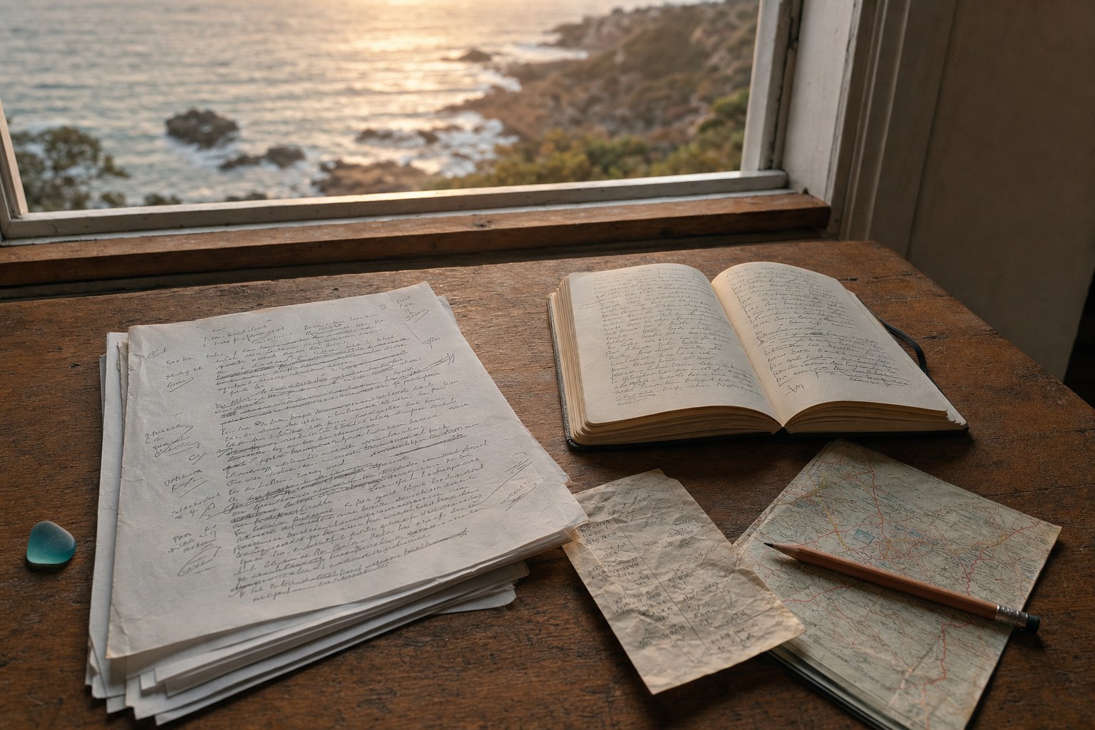 Marked-up travel manuscript, notebook, map, and sea glass on a table by the coast