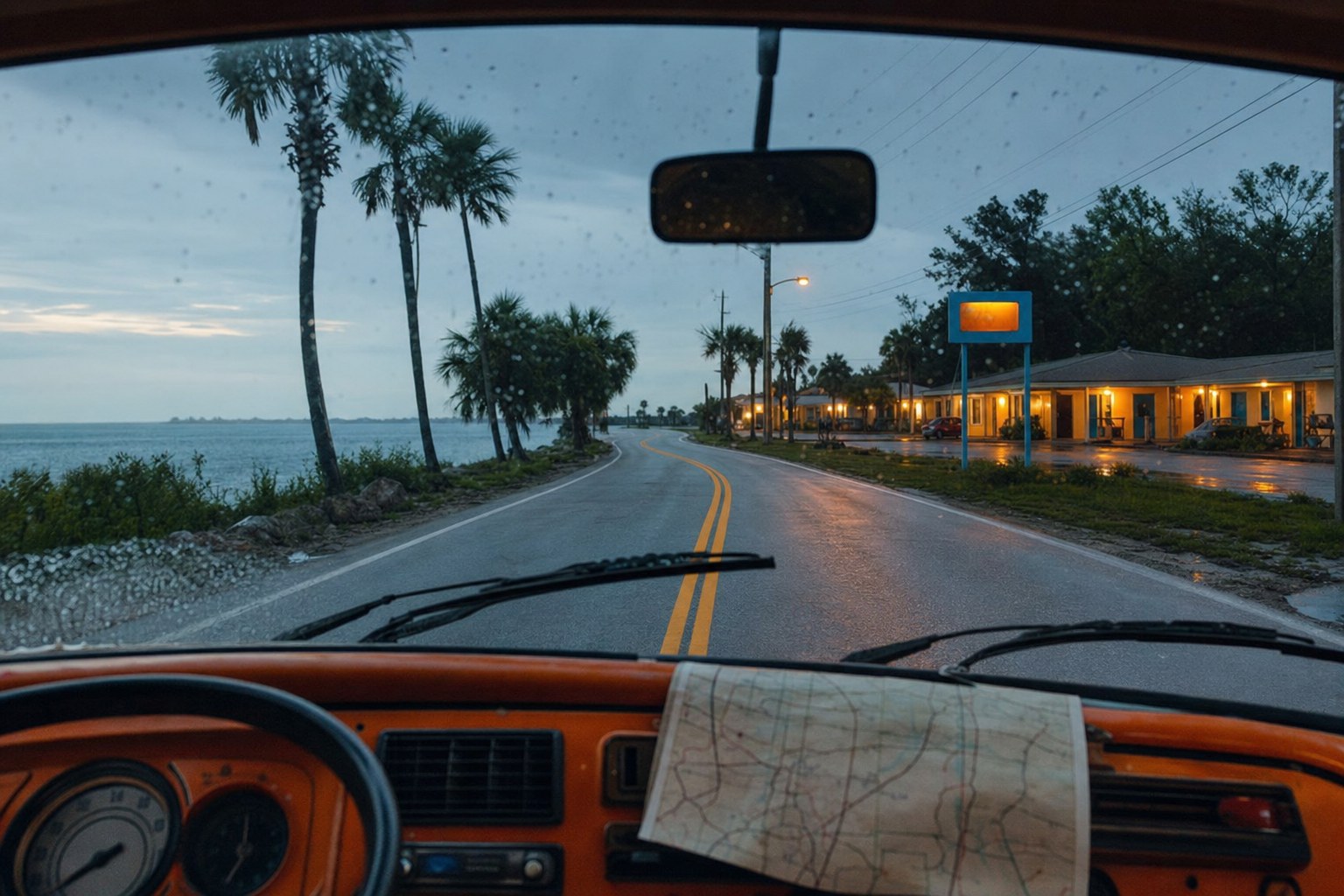 Rainy coastal road and motel seen through the windshield of a vintage orange camper