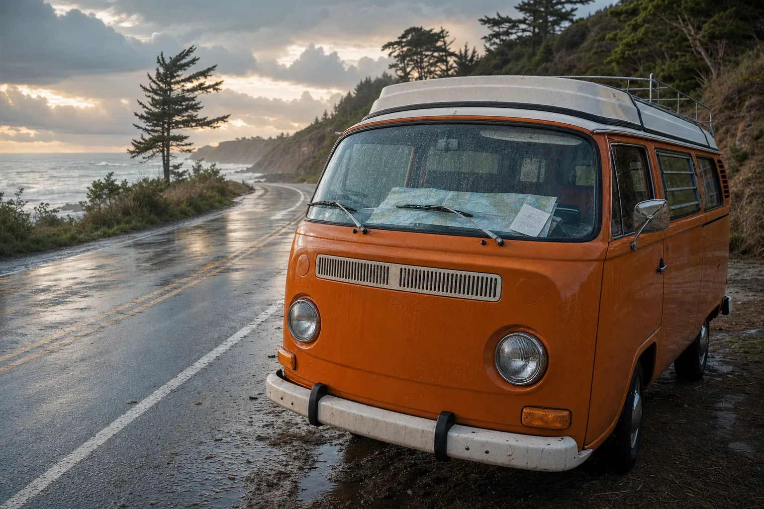 Orange vintage camper on a wet coastal road after a rain shower