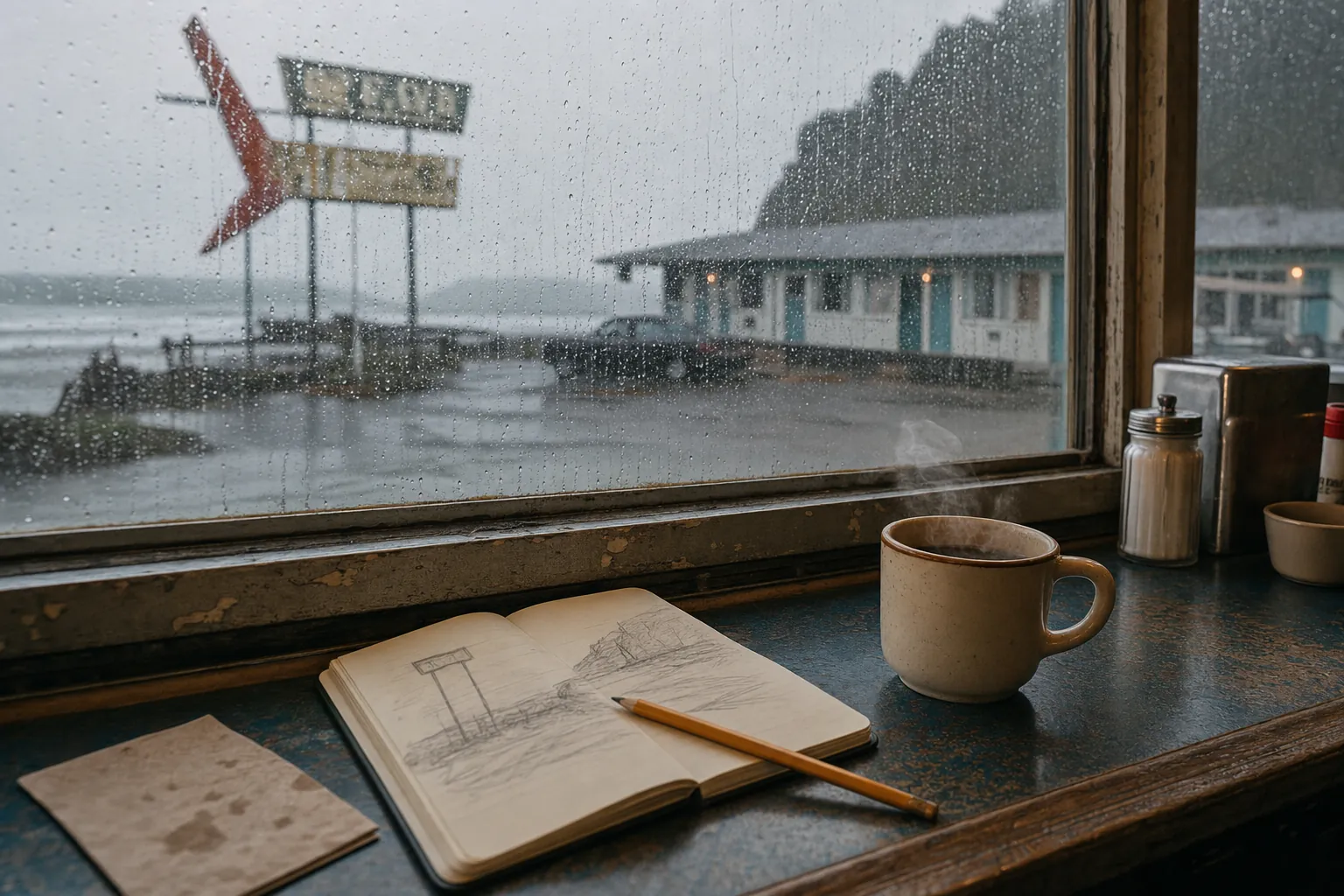 Notebook and coffee on a weathered diner counter beside a rain-streaked coastal window