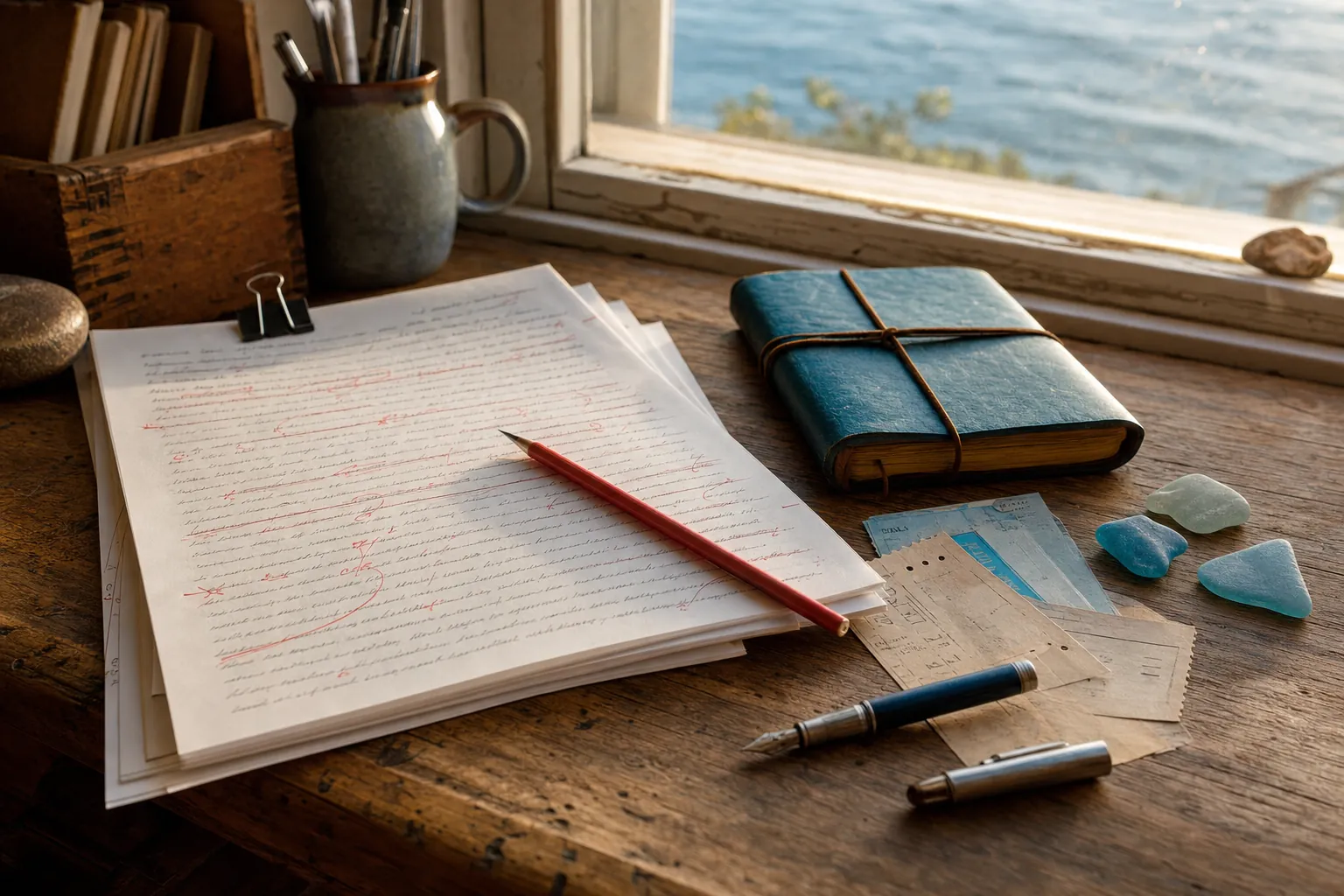 Marked-up manuscript pages, travel journal, tickets, and blue sea glass on a desk beside the water