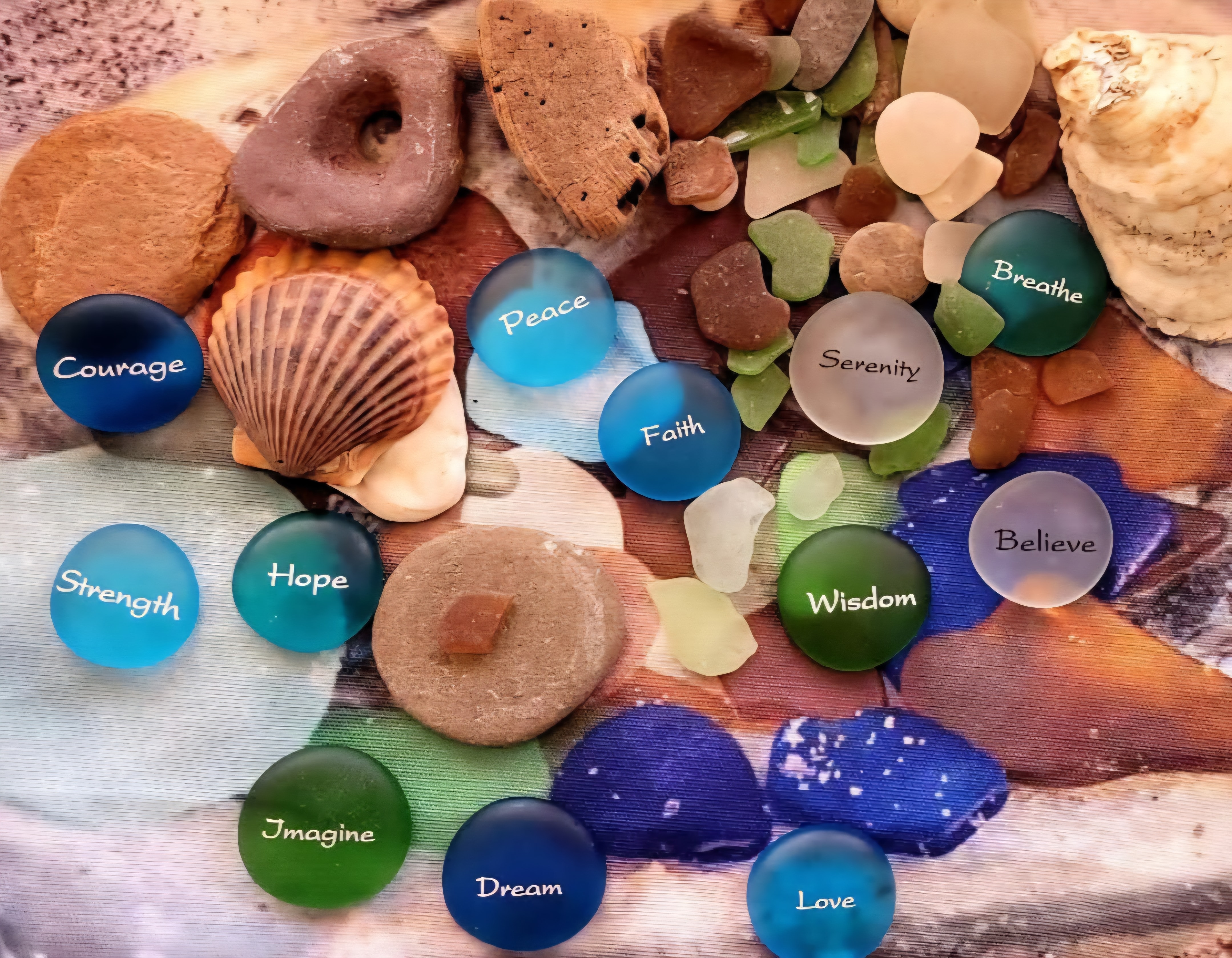 Sea glass and beach finds arranged with words including Courage, Peace, Faith, Serenity, Wisdom, and Love