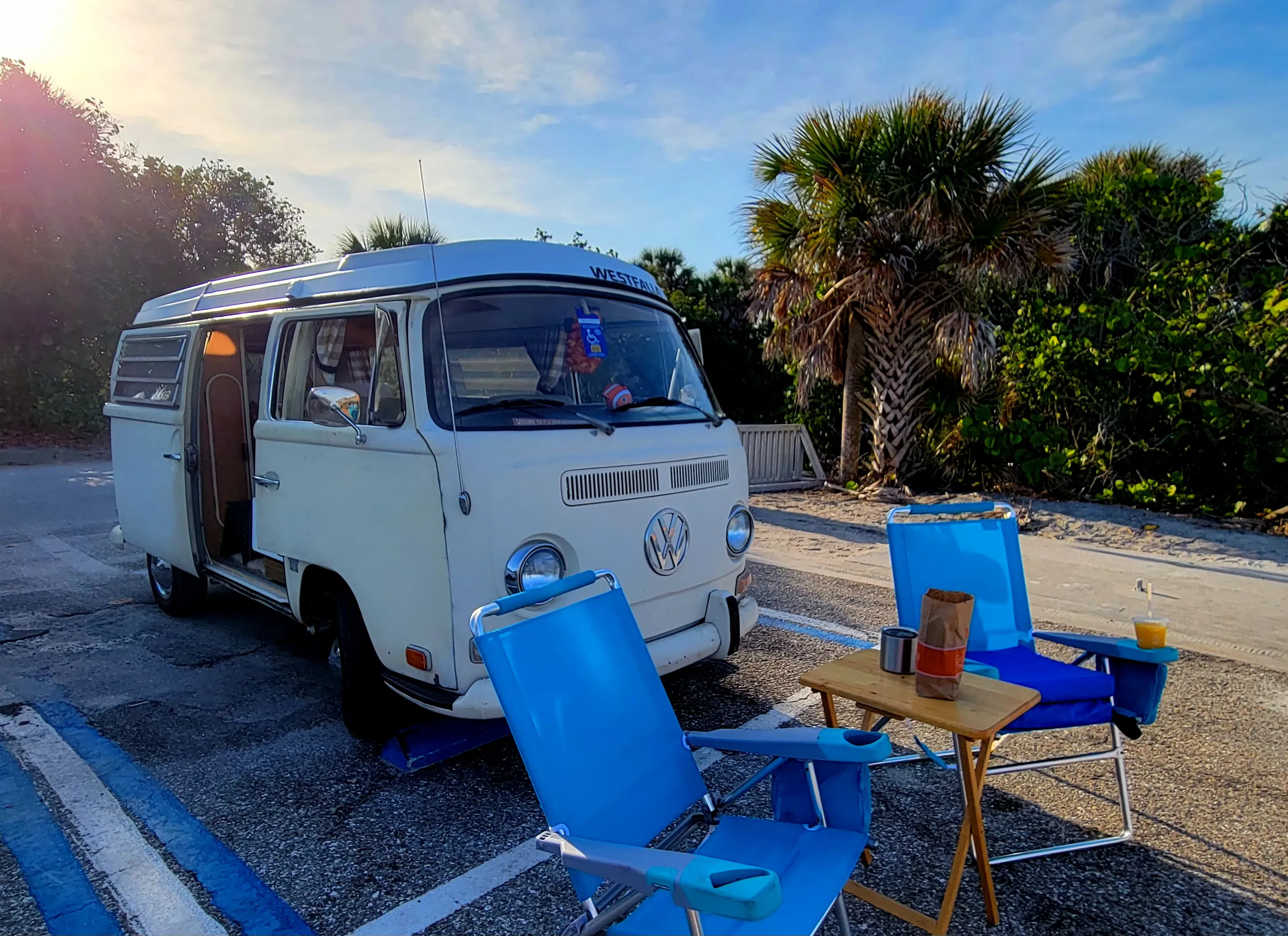 Kaspar, G.J. Dürrschmidt’s restored 1970 VW Westfalia, parked by the beach