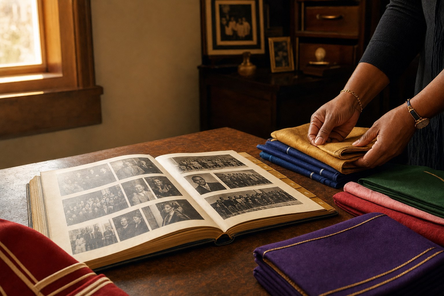 An archival book and folded fabric in heritage-inspired colors