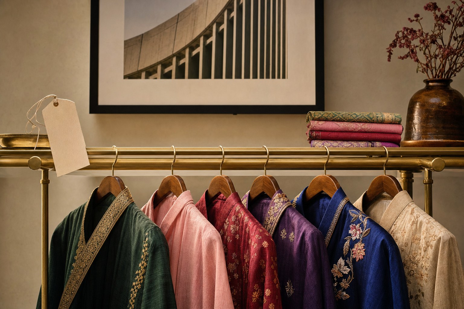 A curated clothing rail in rich heritage-inspired colors