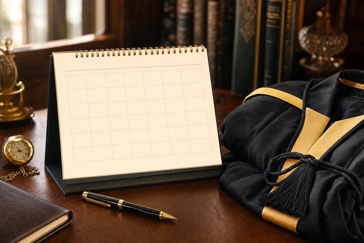 A cream calendar beside folded fabric and a brass timepiece