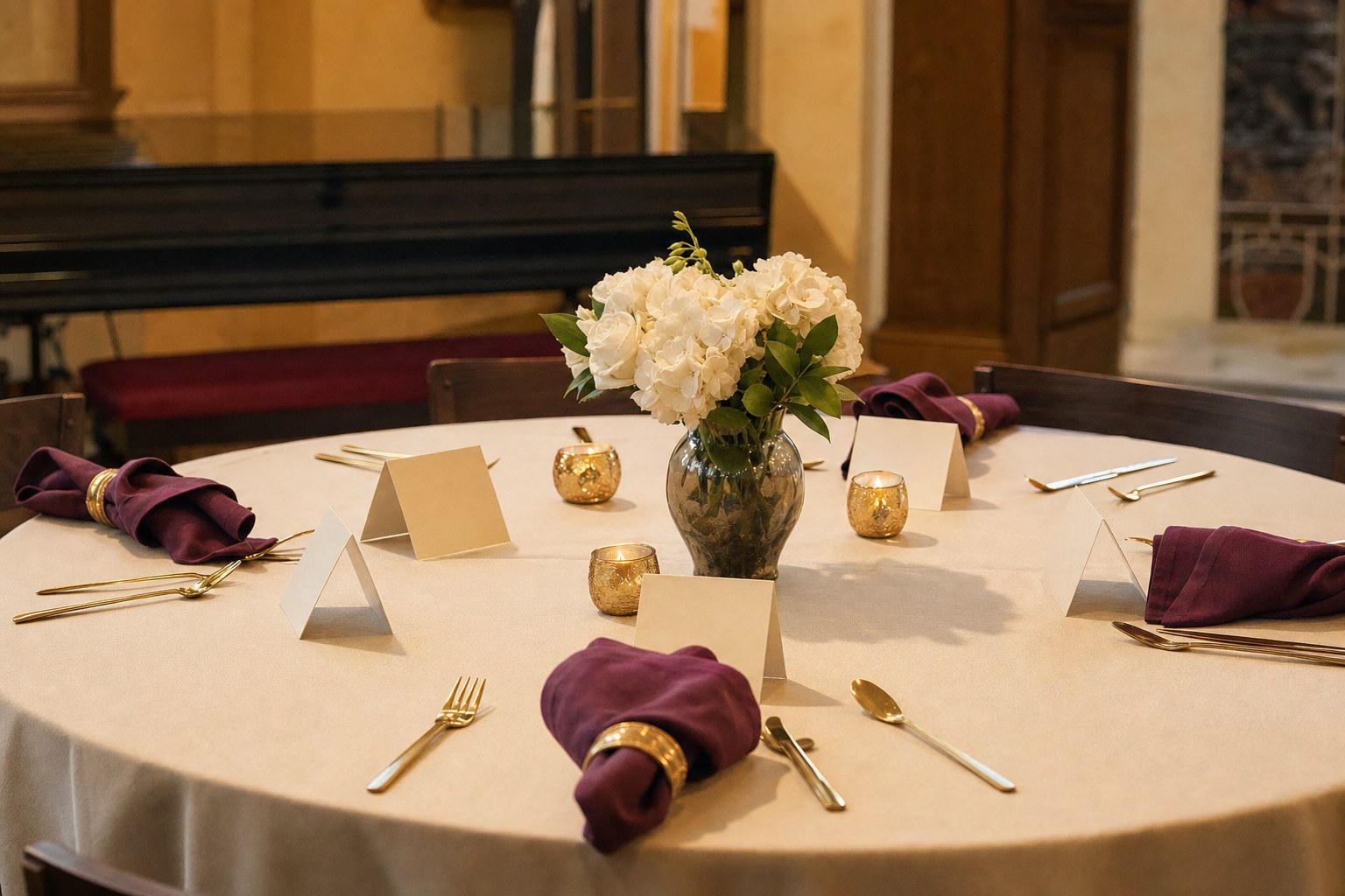A warm cream dinner table prepared for a small celebration with burgundy napkins and white flowers
