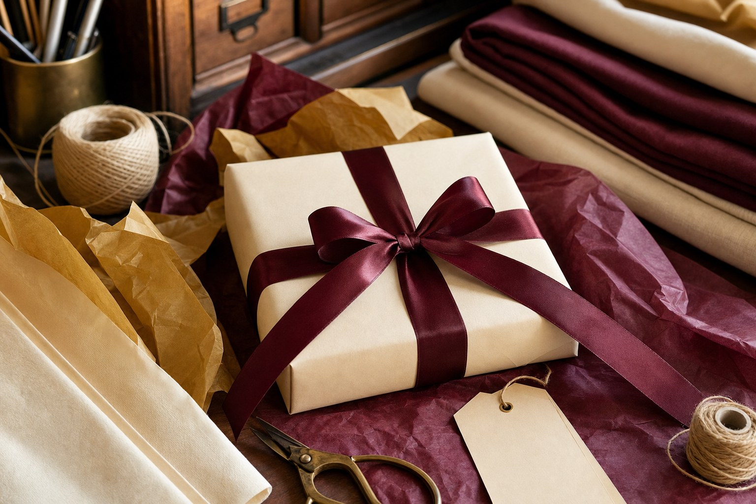 A wrapped unbranded apparel gift with burgundy ribbon, cream paper, and folded fabric