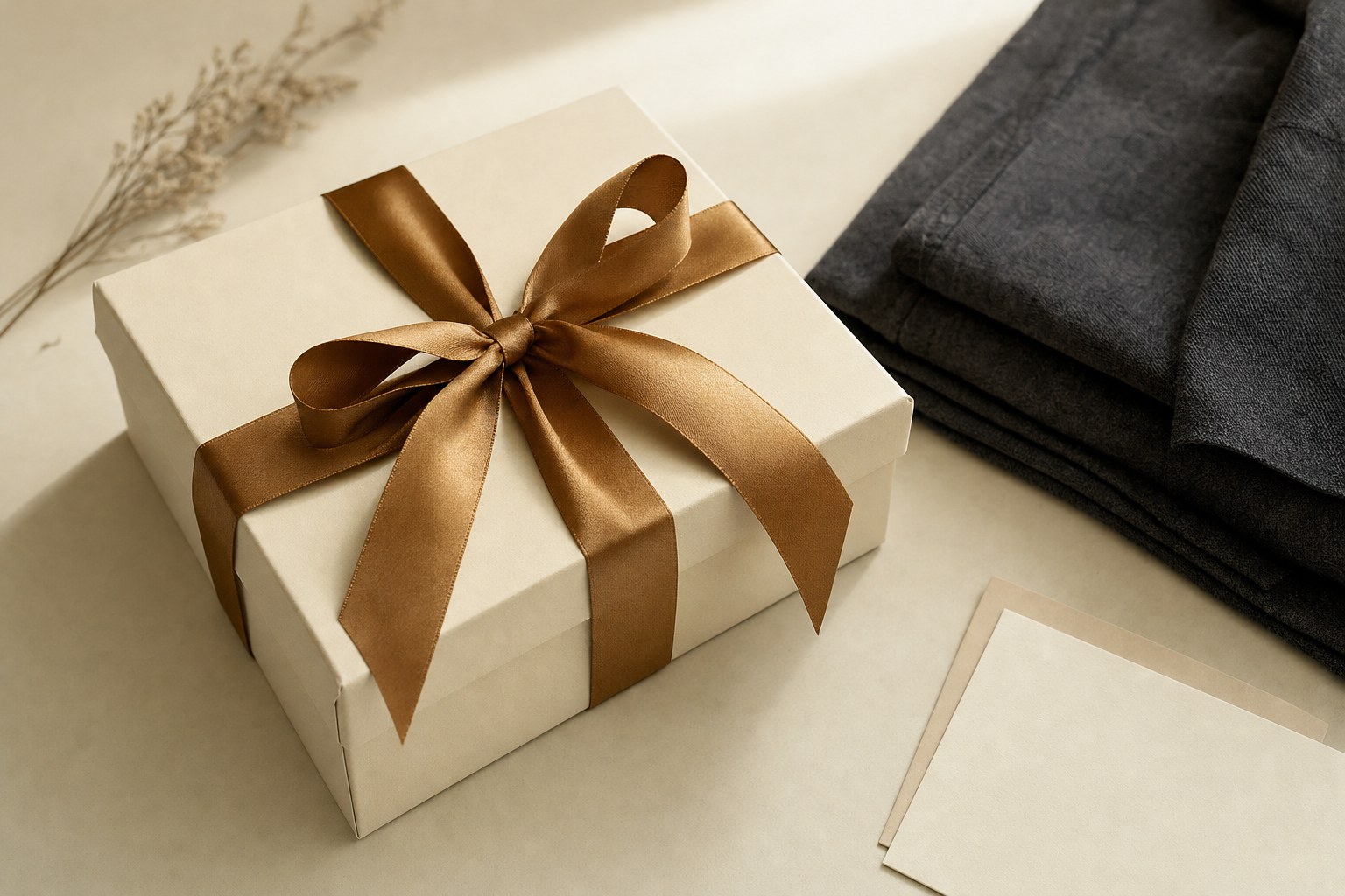 A wrapped unbranded apparel gift with a handwritten card