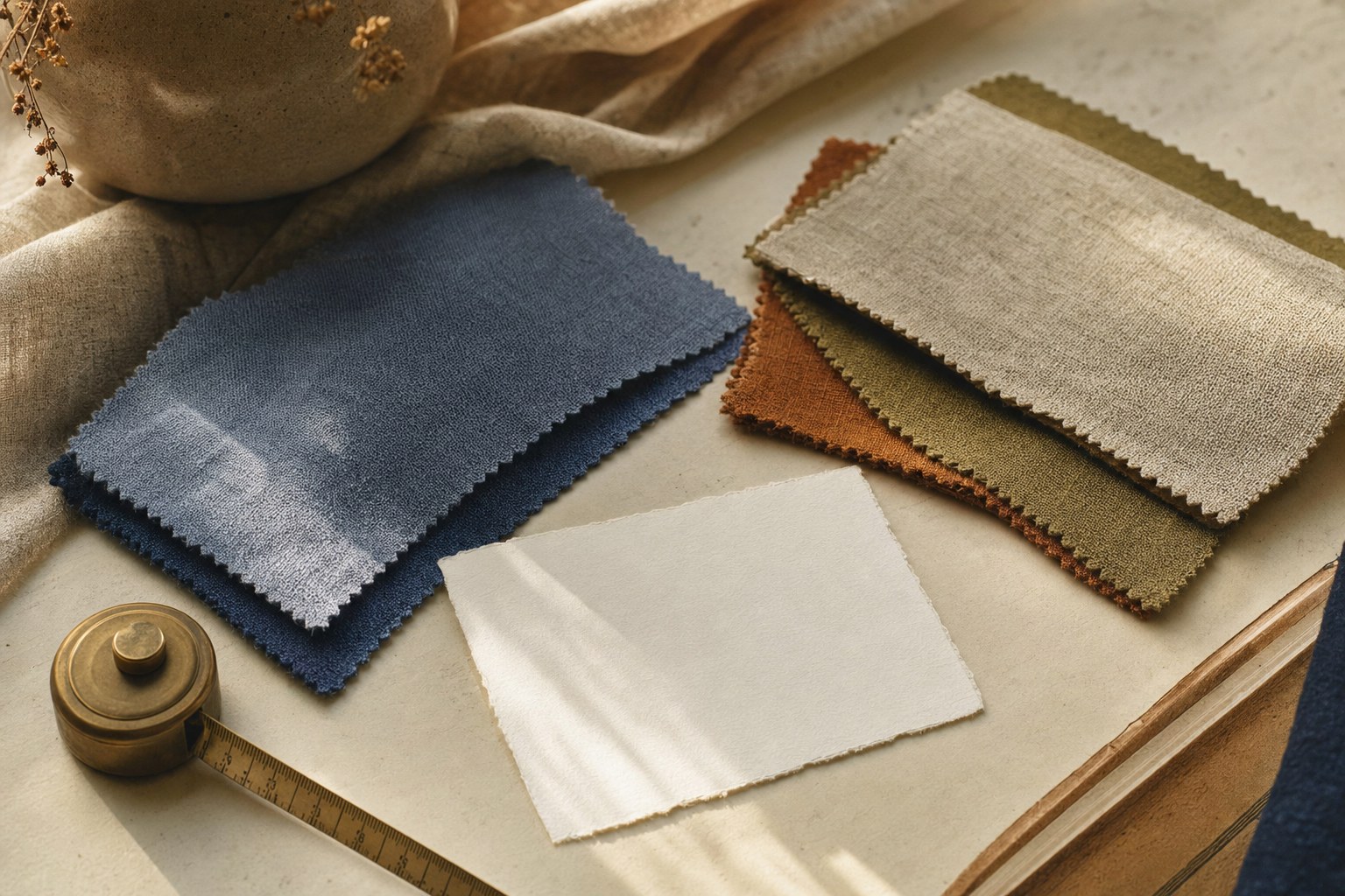 Unbranded fabric swatches, a planning card, and a brass tape measure on a cream desk