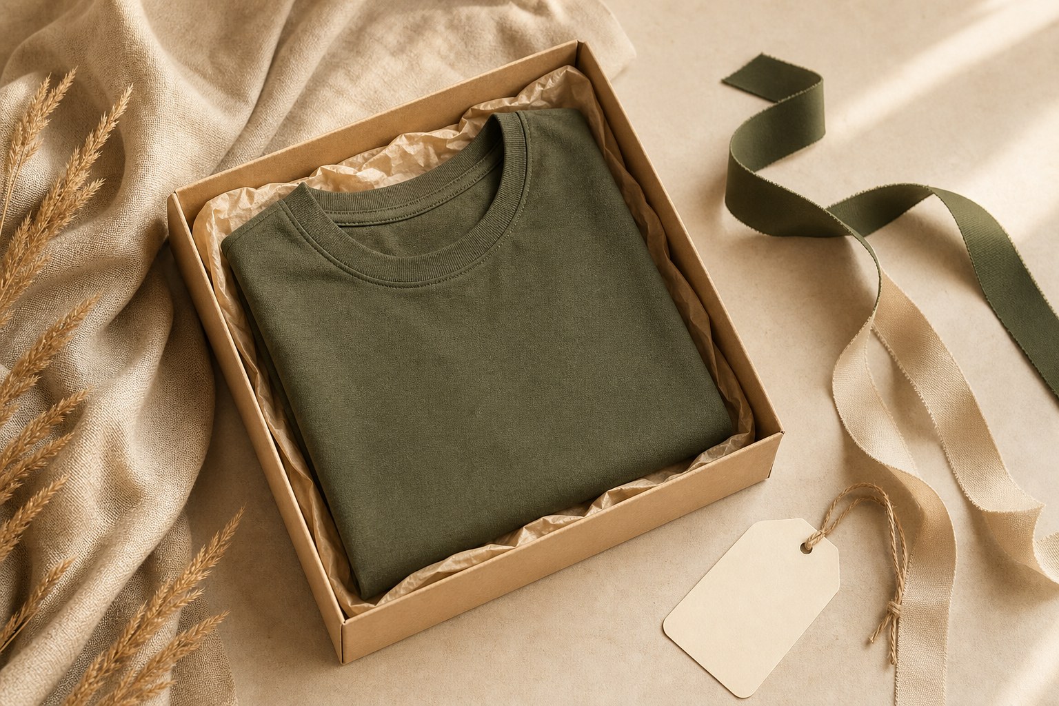 A thoughtfully wrapped unbranded apparel gift on a cream tabletop