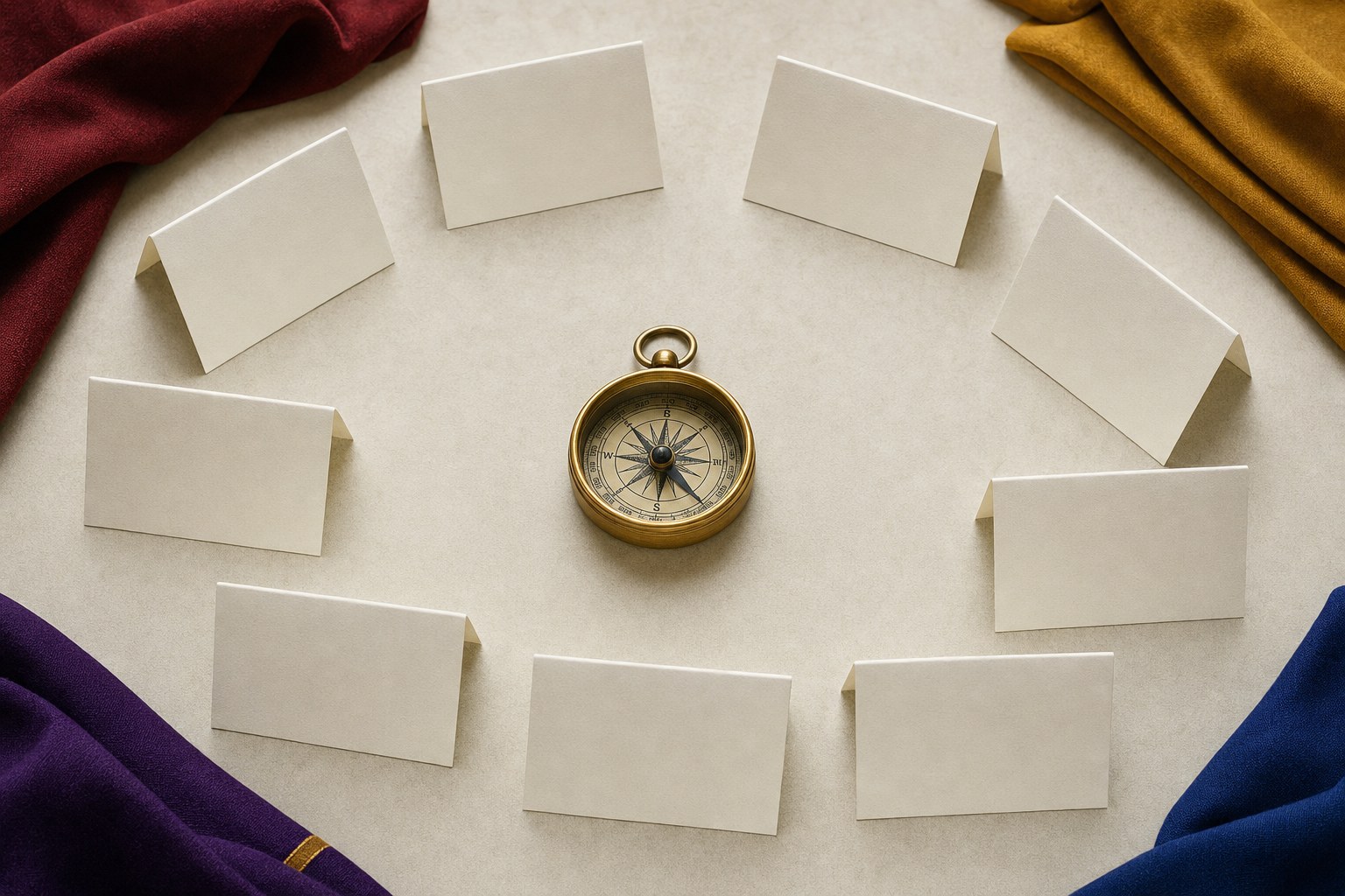 Nine blank place cards arranged around a brass compass with colorful fabric accents