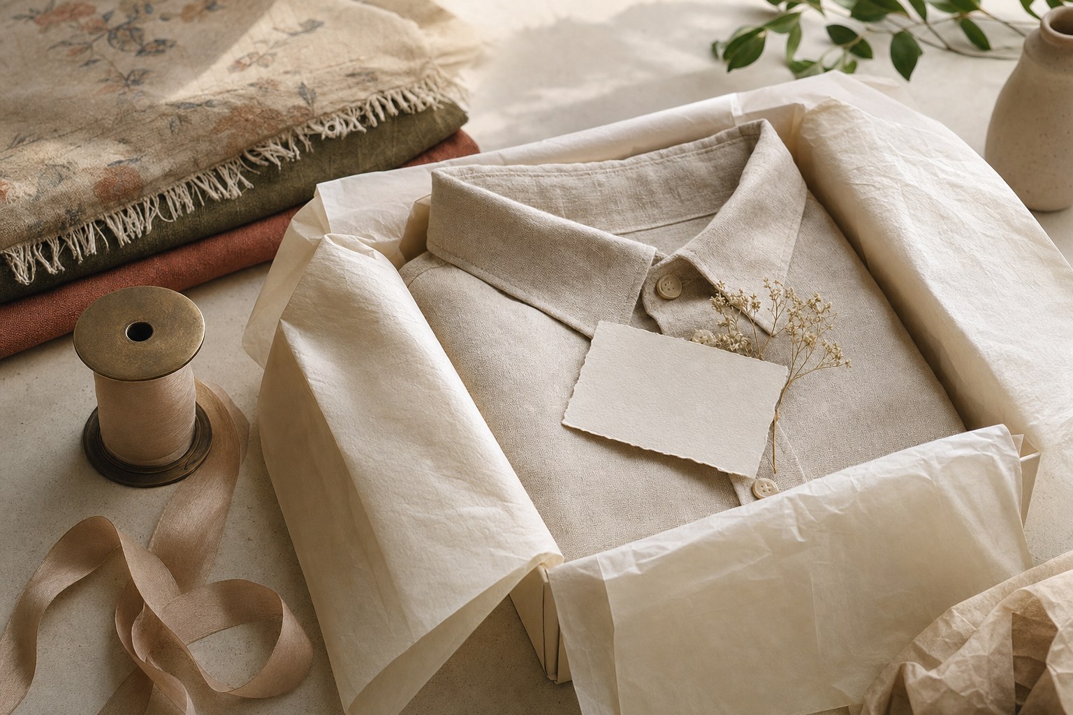 A wrapped unbranded shirt with a blank gift card and fabric accents