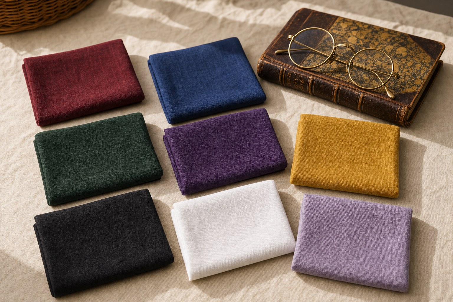 Nine folded unbranded fabric swatches arranged with a vintage book and brass reading glasses