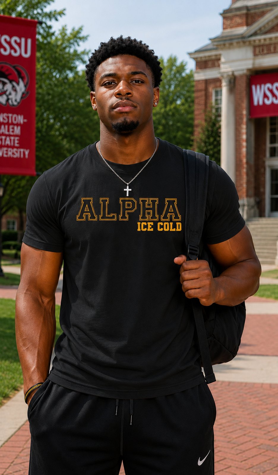 Model wearing an Alpha-inspired shirt on an HBCU campus