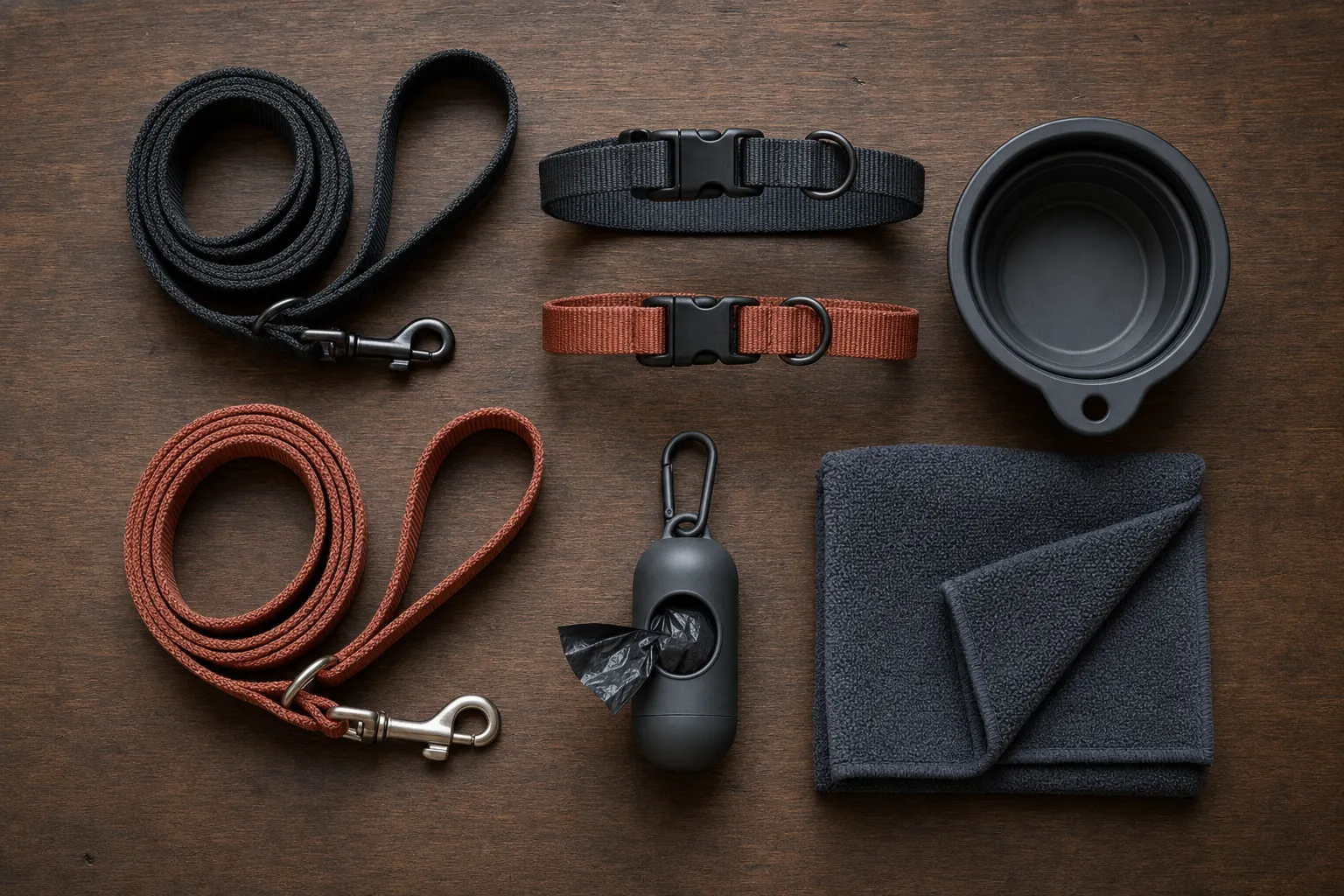 Dog walking gear arranged on a wood surface, including leads, collars, bowl, towel, and waste-bag holder