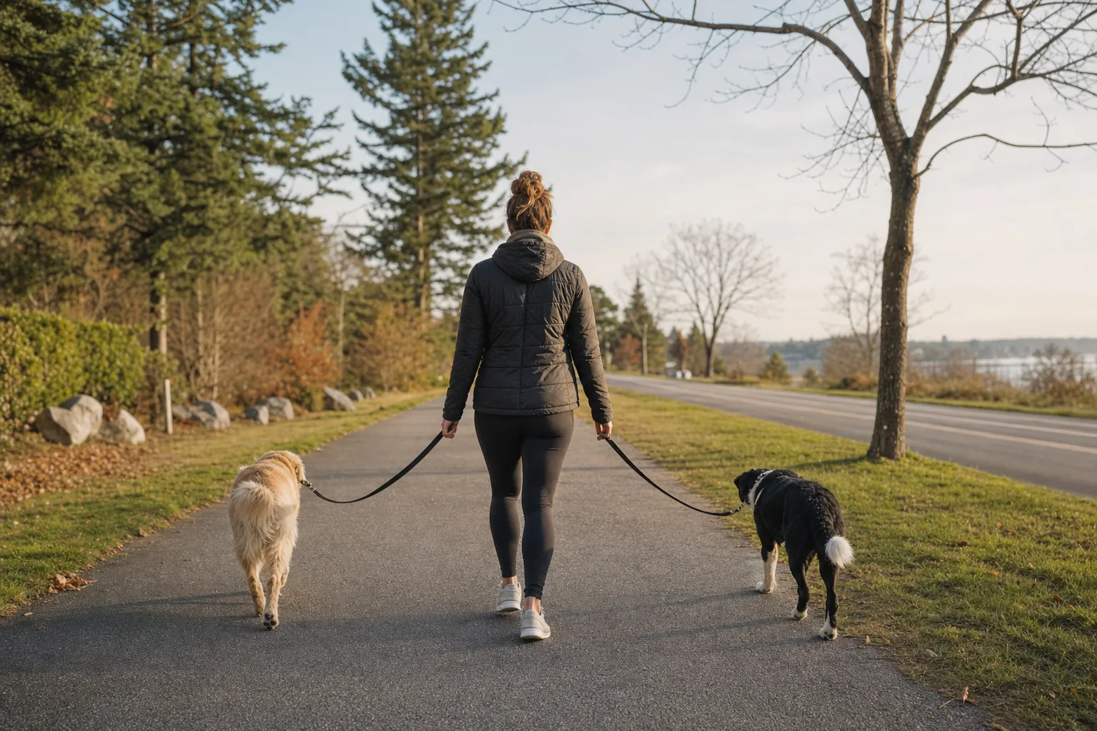 Person walking two dogs on separate leads along a path