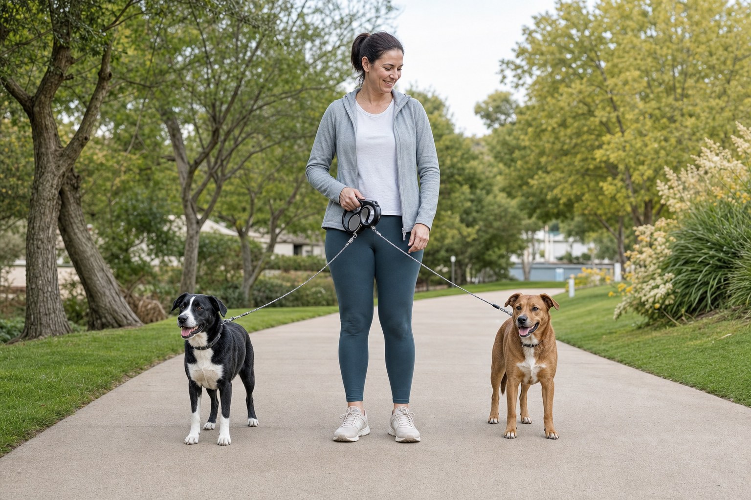 Handler pausing with two calm dogs on a dual retractable leash