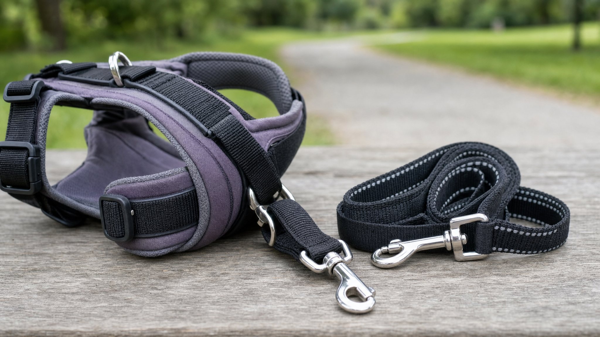 Dog harness, leash clips, and a standard lead prepared for a walk