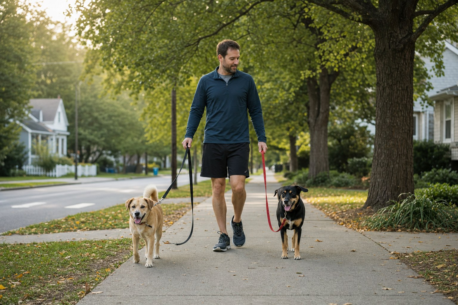 Handler walking two calm dogs on separate leashes along a quiet neighborhood sidewalk