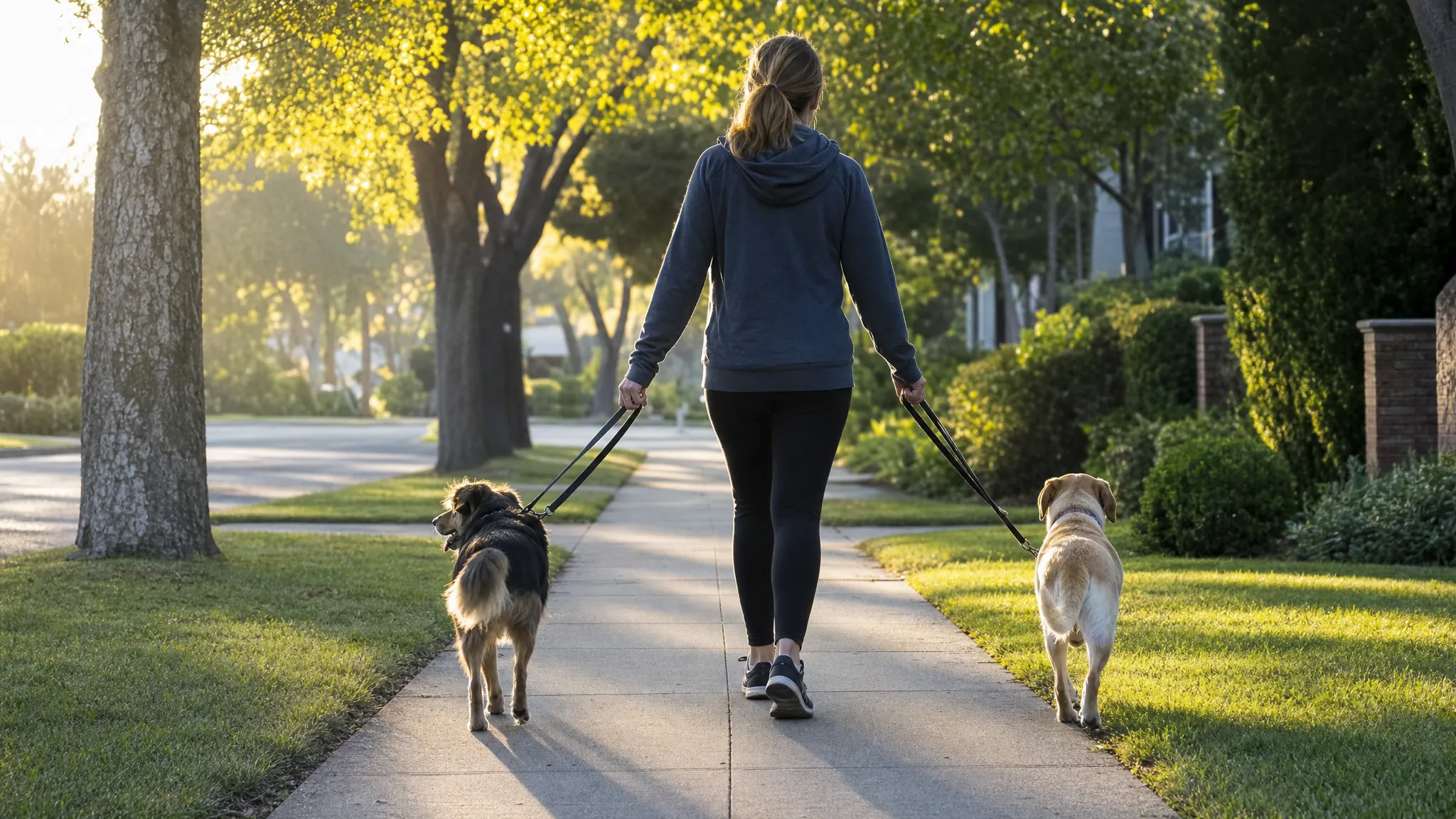Person walking two dogs on separate, untangled leashes along a sunny sidewalk