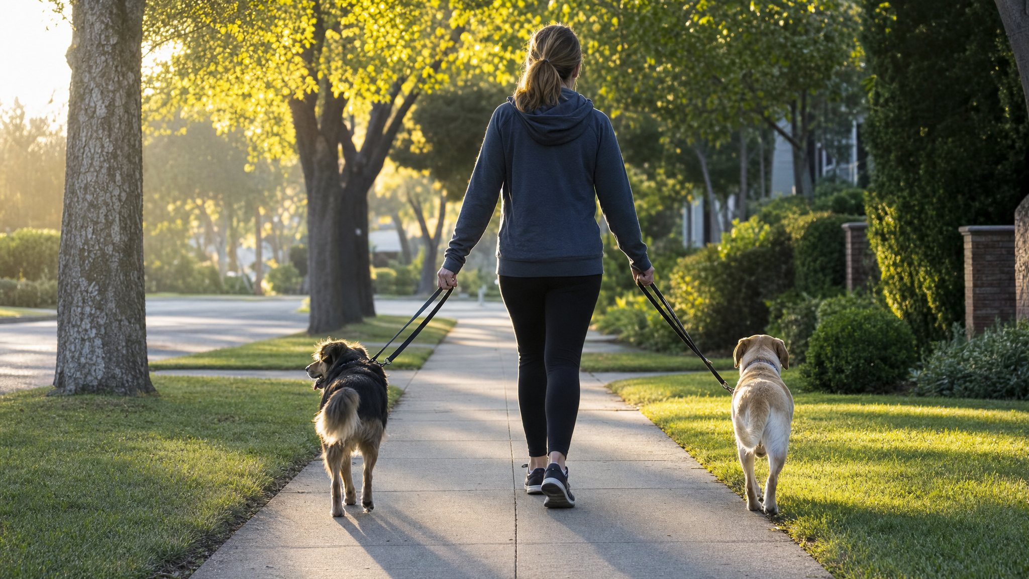 Person walking two dogs on separate, untangled leashes along a sunny sidewalk