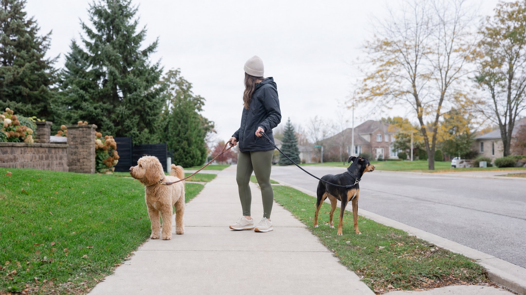 Dog walker pausing with two dogs held calmly on separate sides