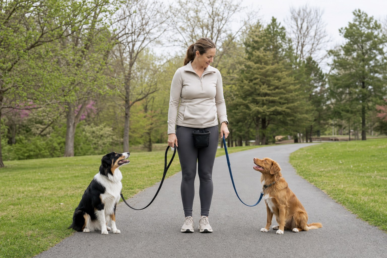 Handler starting a calm practice walk with two dogs seated on separate sides
