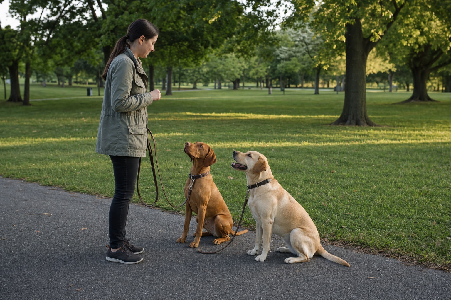 Two dogs sitting calmly and watching their handler on a park path